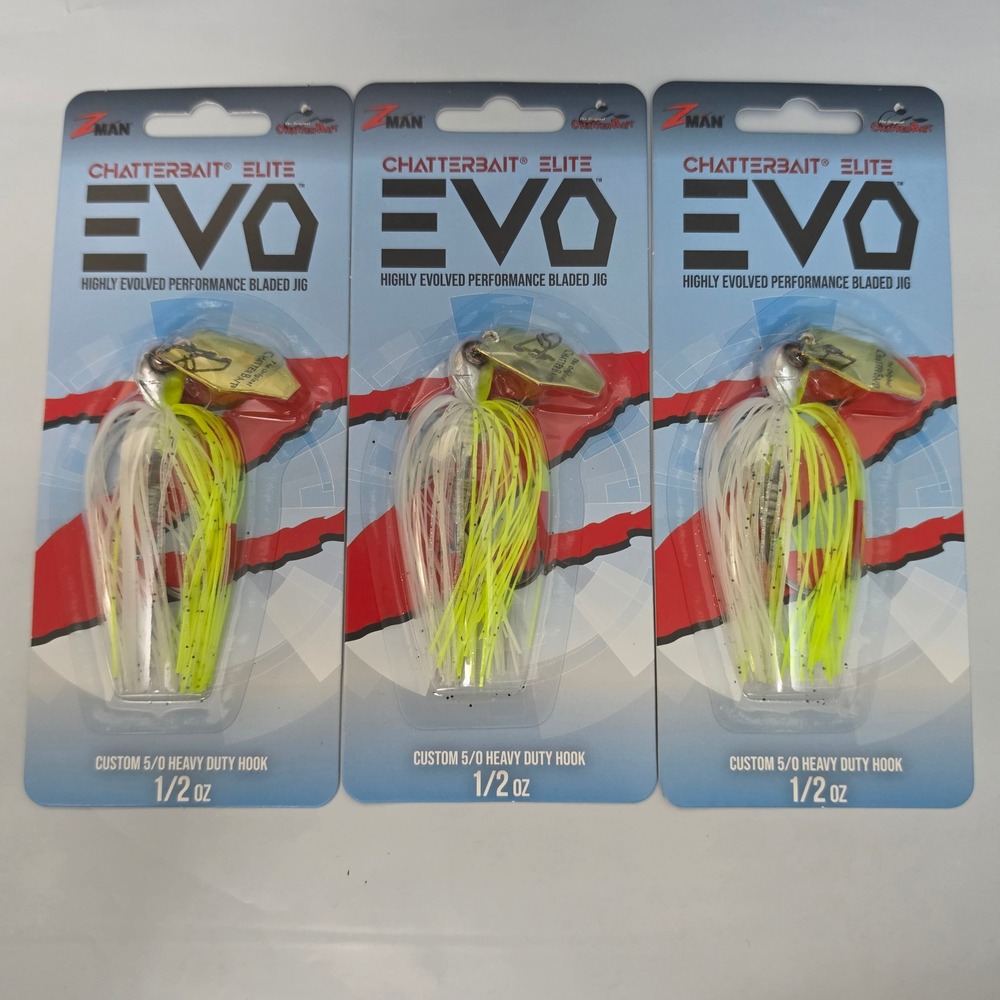 Z-Man ChatterBait Elite EVO Bladed Jig 1/2 oz Chartreuse White Tourny Pack Lot 3